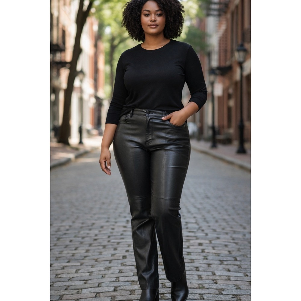 Black Genuine Leather Pants High Rise Straight Leg Plus Size 18W Y2K Minimalist